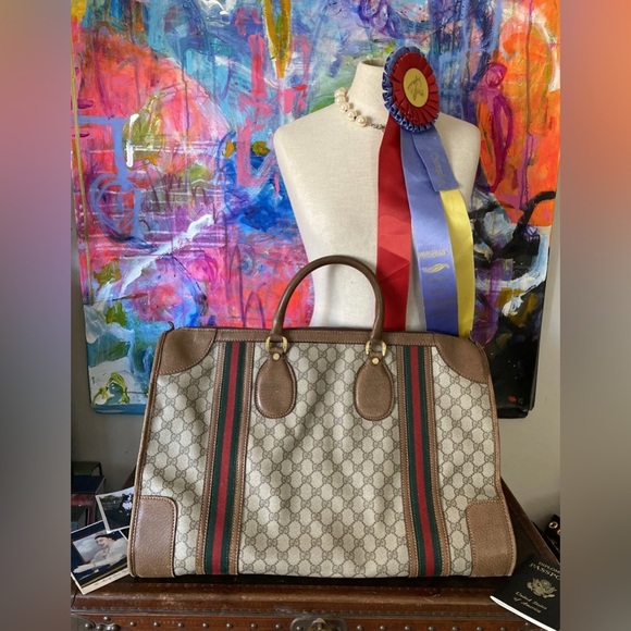 Auth Rare Vintage GUCCI Sherry Duffle Bag Tote Carry On Luxury Designer Luggage - Picture 2 of 11